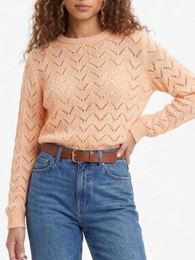 Vintage Hand Knit Pointelle Sweater Chevron Pink Peach Cottagecore Pastel Spring